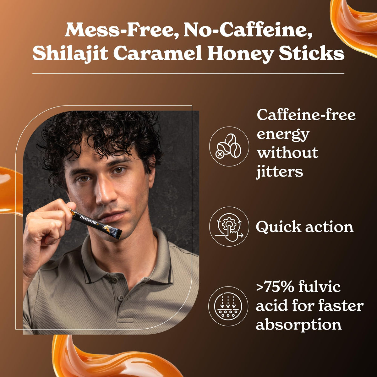 Premium Himalayan shilajit caramel honey packaging showing 85 trace minerals and fulvic acid benefits.
