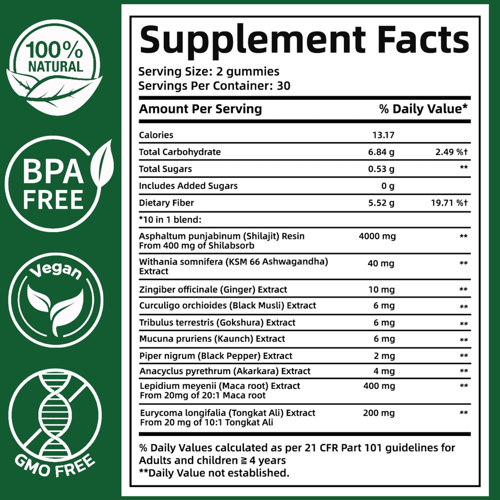 Hanachi Himalayan shilajit gummies supplement facts label showing ingredients and fulvic acid content