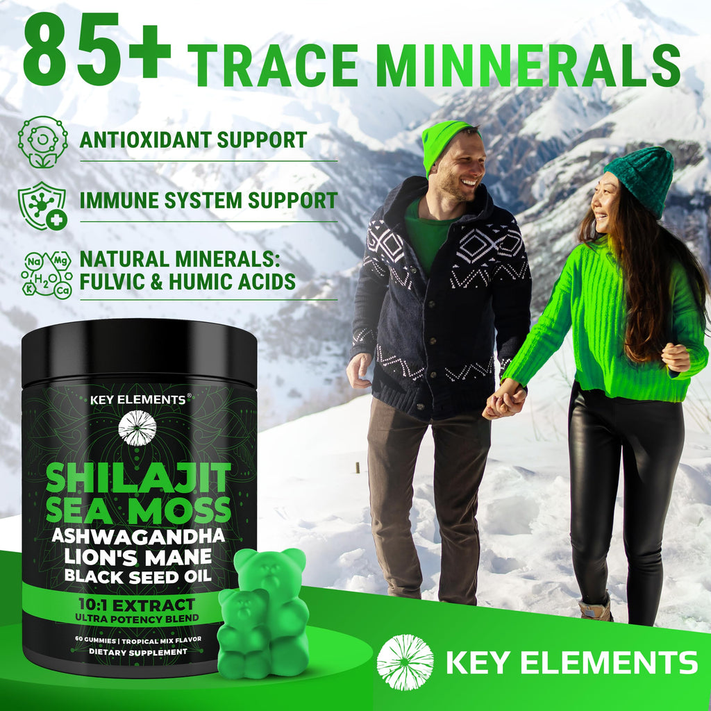 Close up view of Key Elements wellness gummies containing Ashwagandha and Lion's Mane extract.