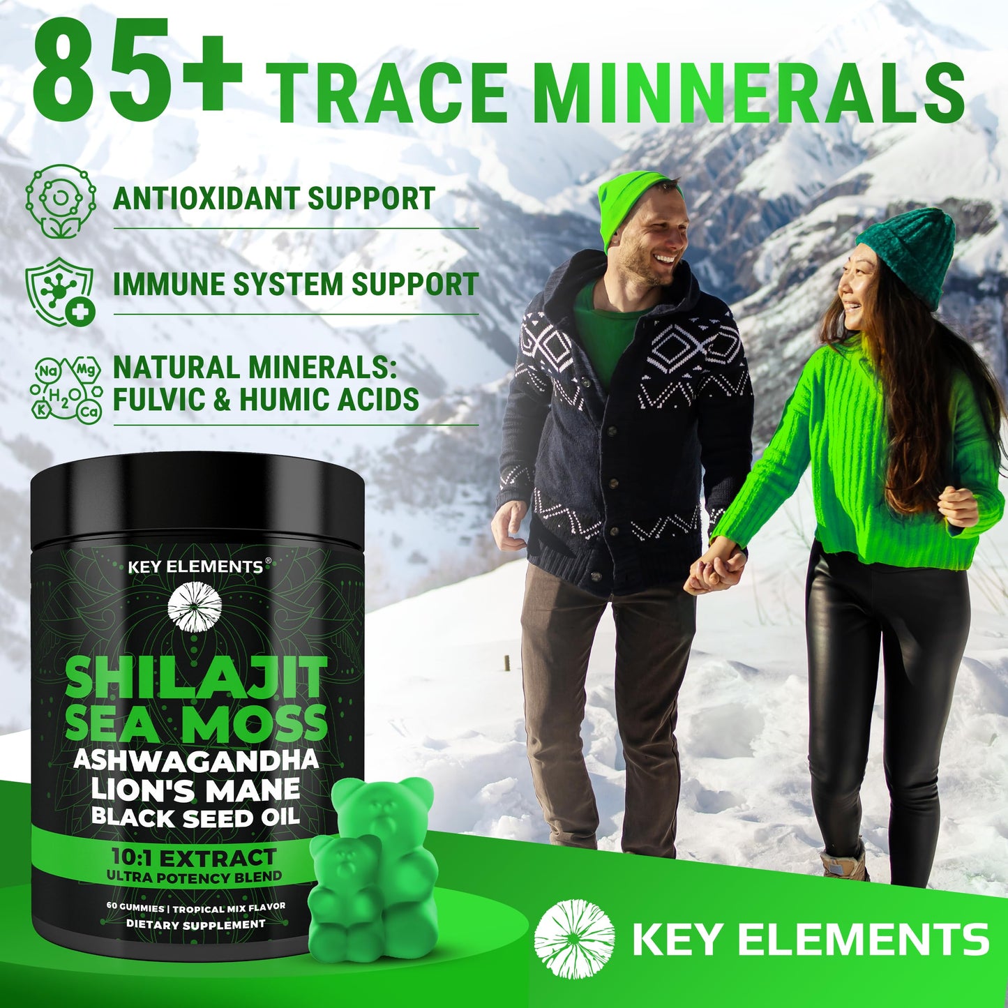 Close up view of Key Elements wellness gummies containing Ashwagandha and Lion's Mane extract.
