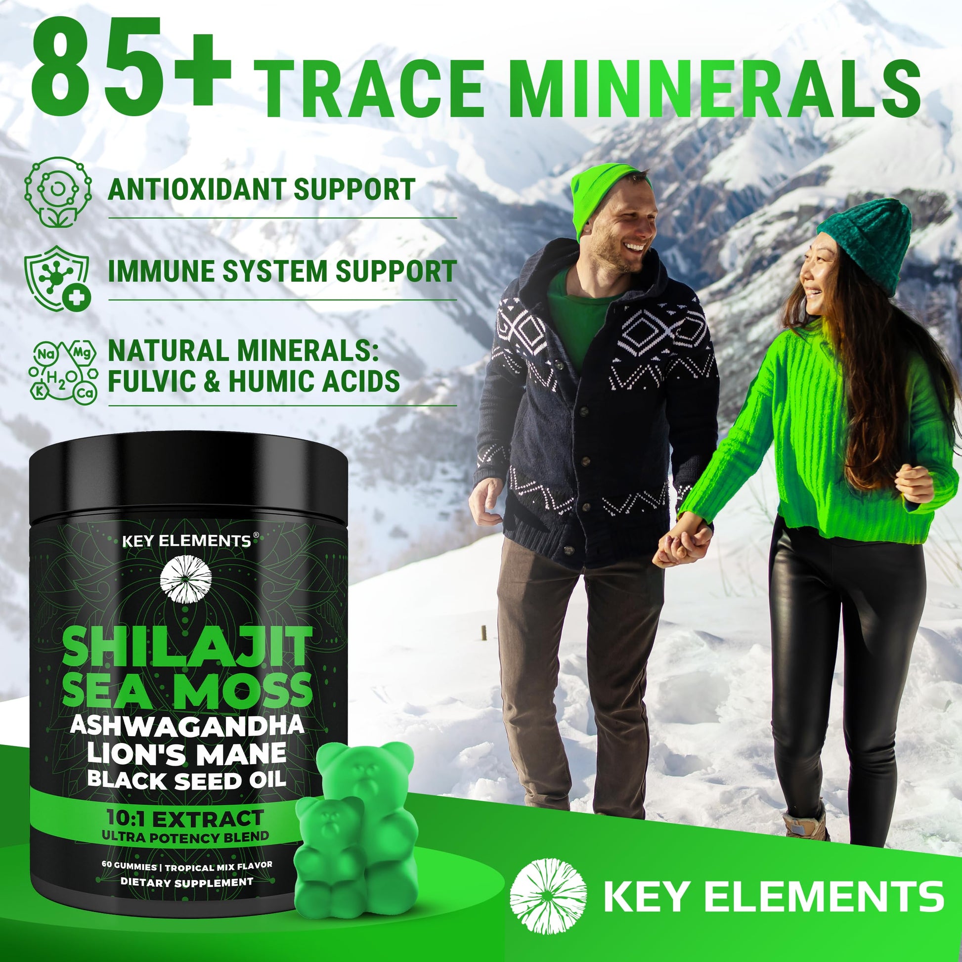 Close up view of Key Elements wellness gummies containing Ashwagandha and Lion's Mane extract.