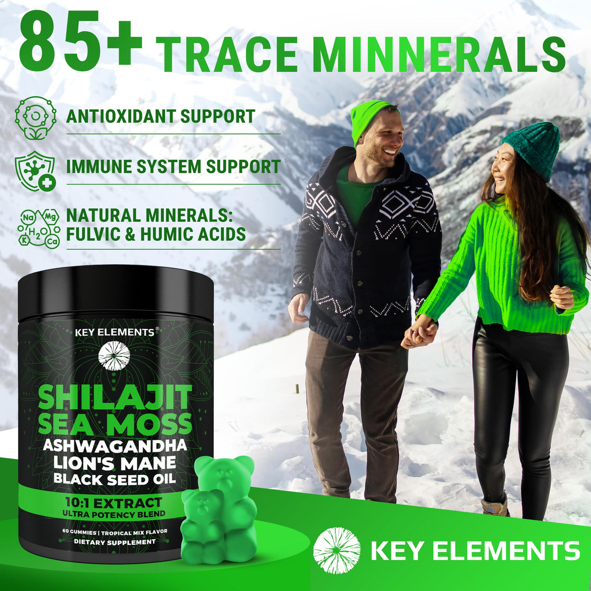 Close up view of Key Elements wellness gummies containing Ashwagandha and Lion's Mane extract.