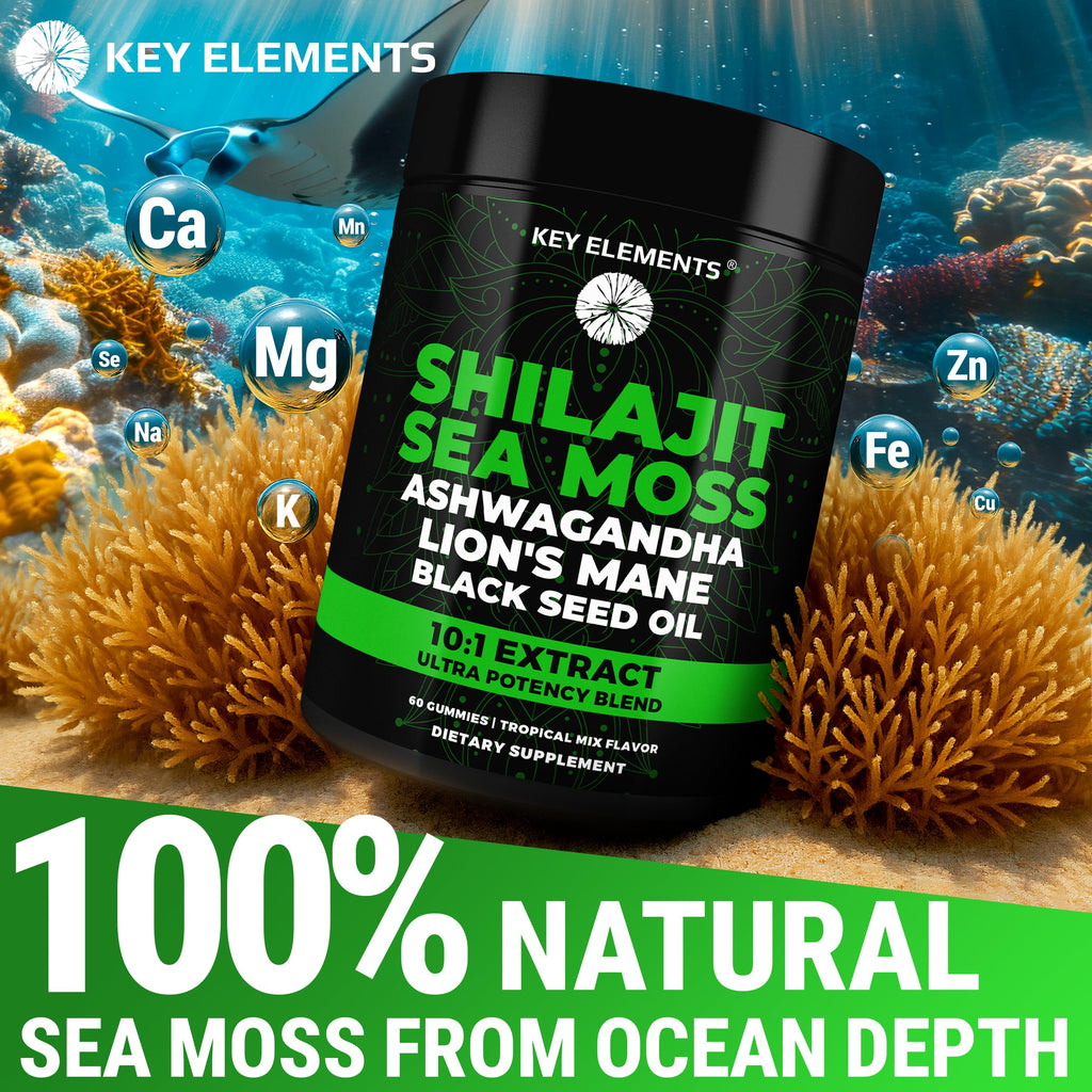 Authentic Key Elements imported dietary supplement bottle emphasizing immune and cognitive health support.