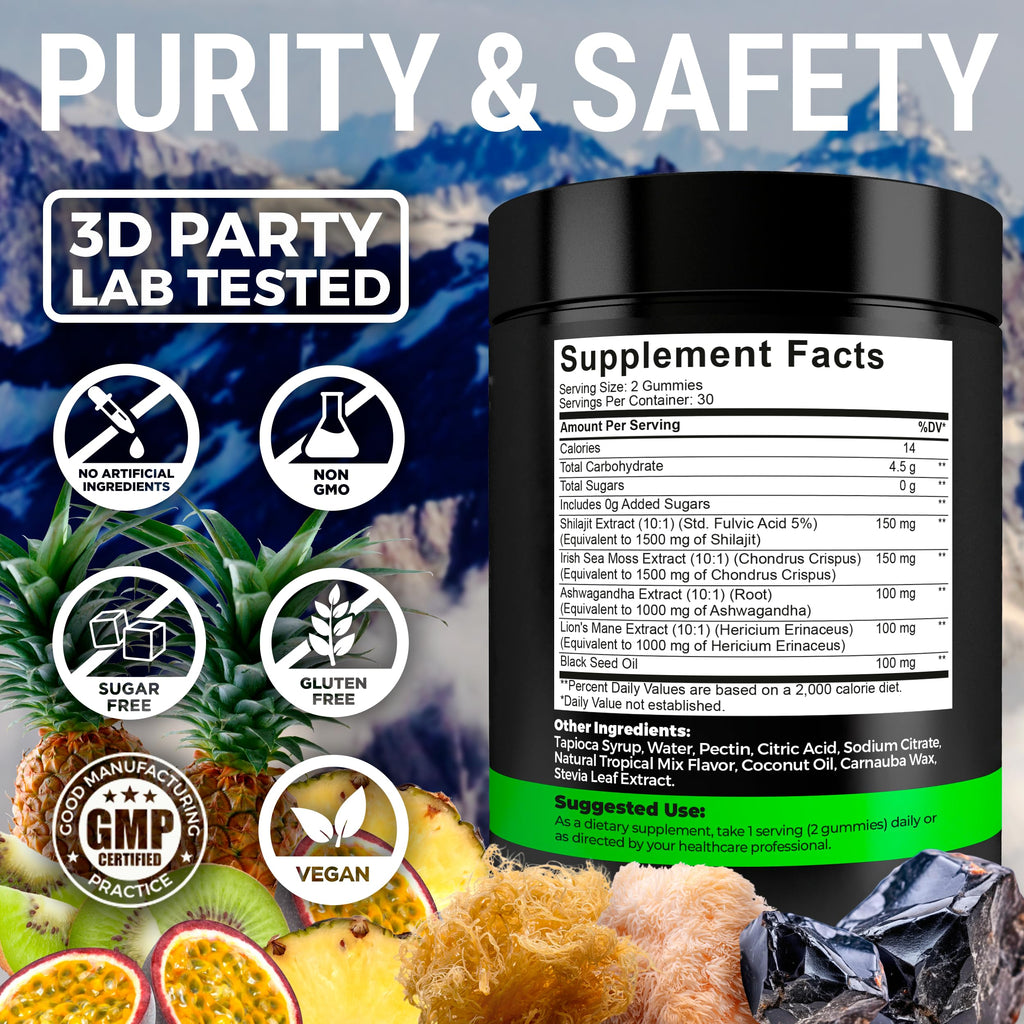 Key Elements multi benefit formula bottle featuring black seed oil and fulvic acid trace minerals.