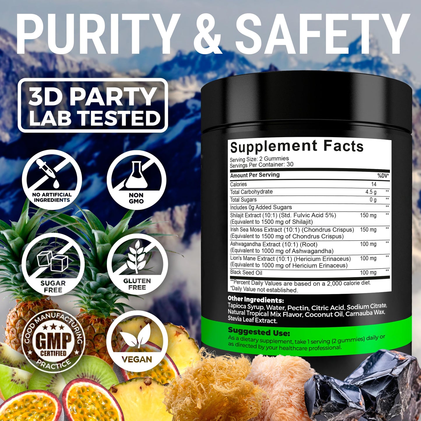 Key Elements multi benefit formula bottle featuring black seed oil and fulvic acid trace minerals.