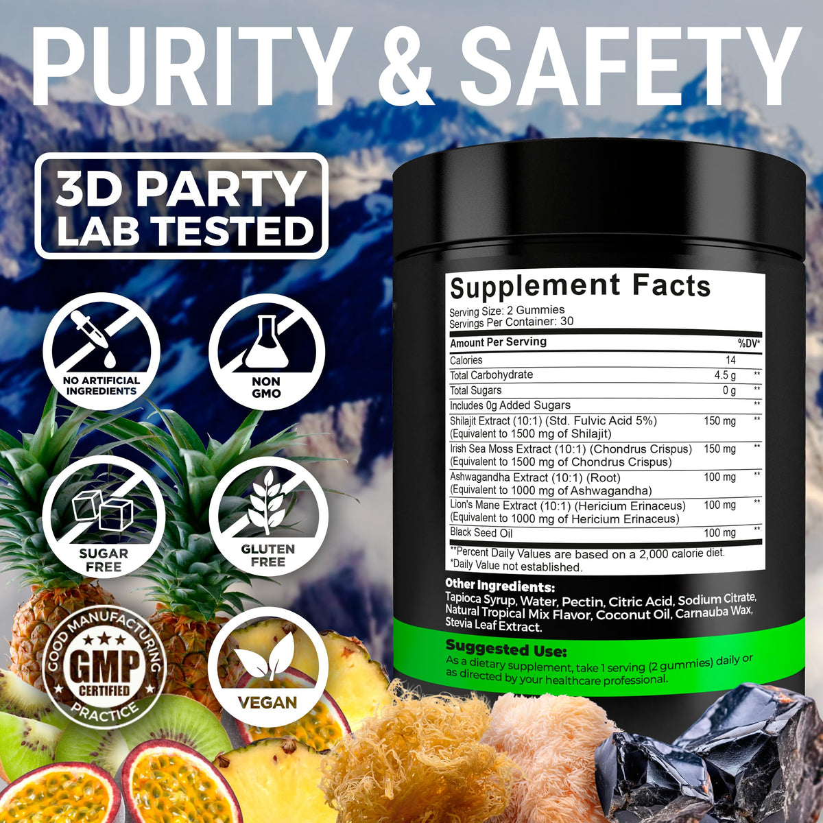 Key Elements multi benefit formula bottle featuring black seed oil and fulvic acid trace minerals.