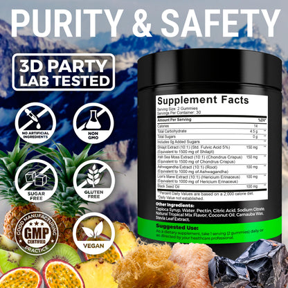 Key Elements multi benefit formula bottle featuring black seed oil and fulvic acid trace minerals.