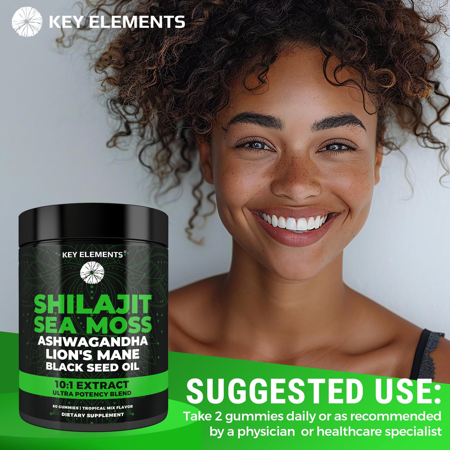 Nutrient rich Key Elements organic shilajit plus sea moss sixty count chewable dietary supplement.