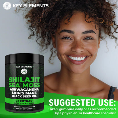 Nutrient rich Key Elements organic shilajit plus sea moss sixty count chewable dietary supplement.