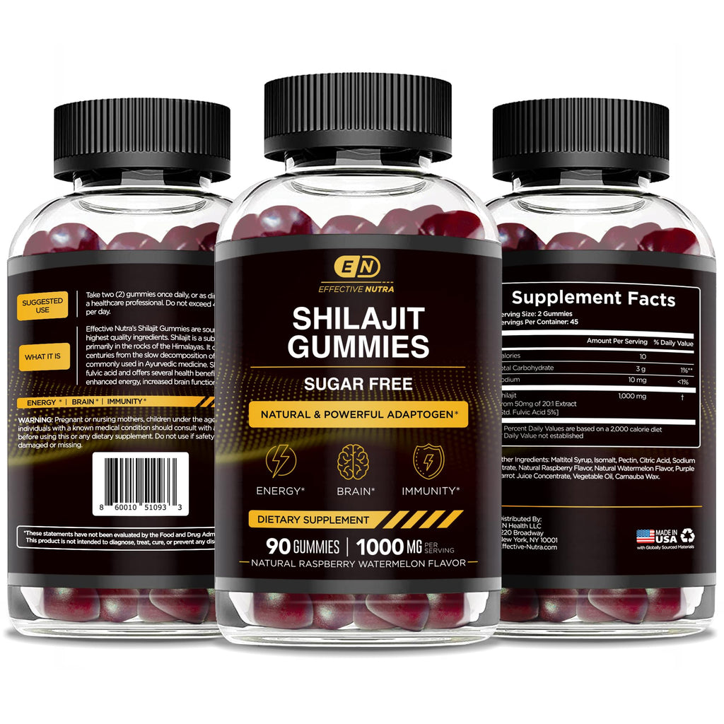 Premium 1000mg shilajit chewable gummies close up shot.