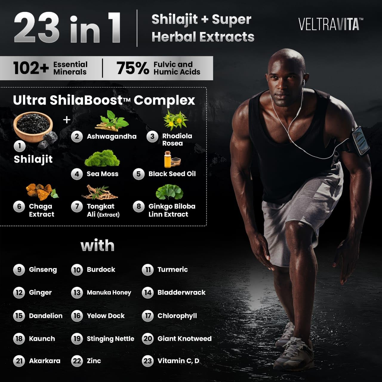 VeltraVita Platinum Himalayan Mountain Shilajit Ultra Complex sugar free supplement label details
