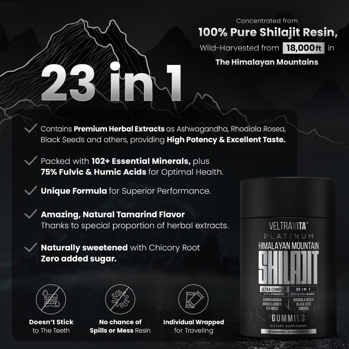 VeltraVita twenty three in one shilajit gummies imported daily wellness adaptogen formula