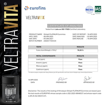 VeltraVita shilajit with KSM sixty six ashwagandha and rhodiola rosea chewable gummies