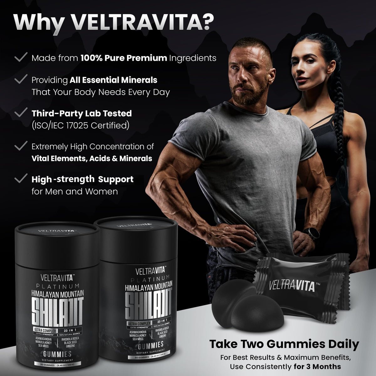 VeltraVita high potency shilajit gummies containing over one hundred and two trace minerals