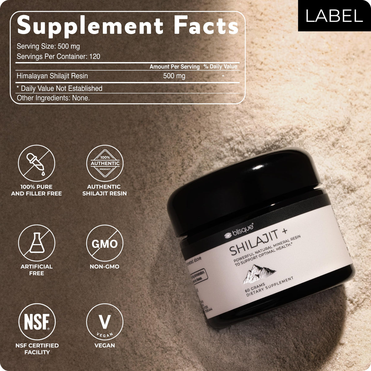 Premium Golden Grade A Shilajit resin by Blisque placed next to a warm cup of wellness tea.