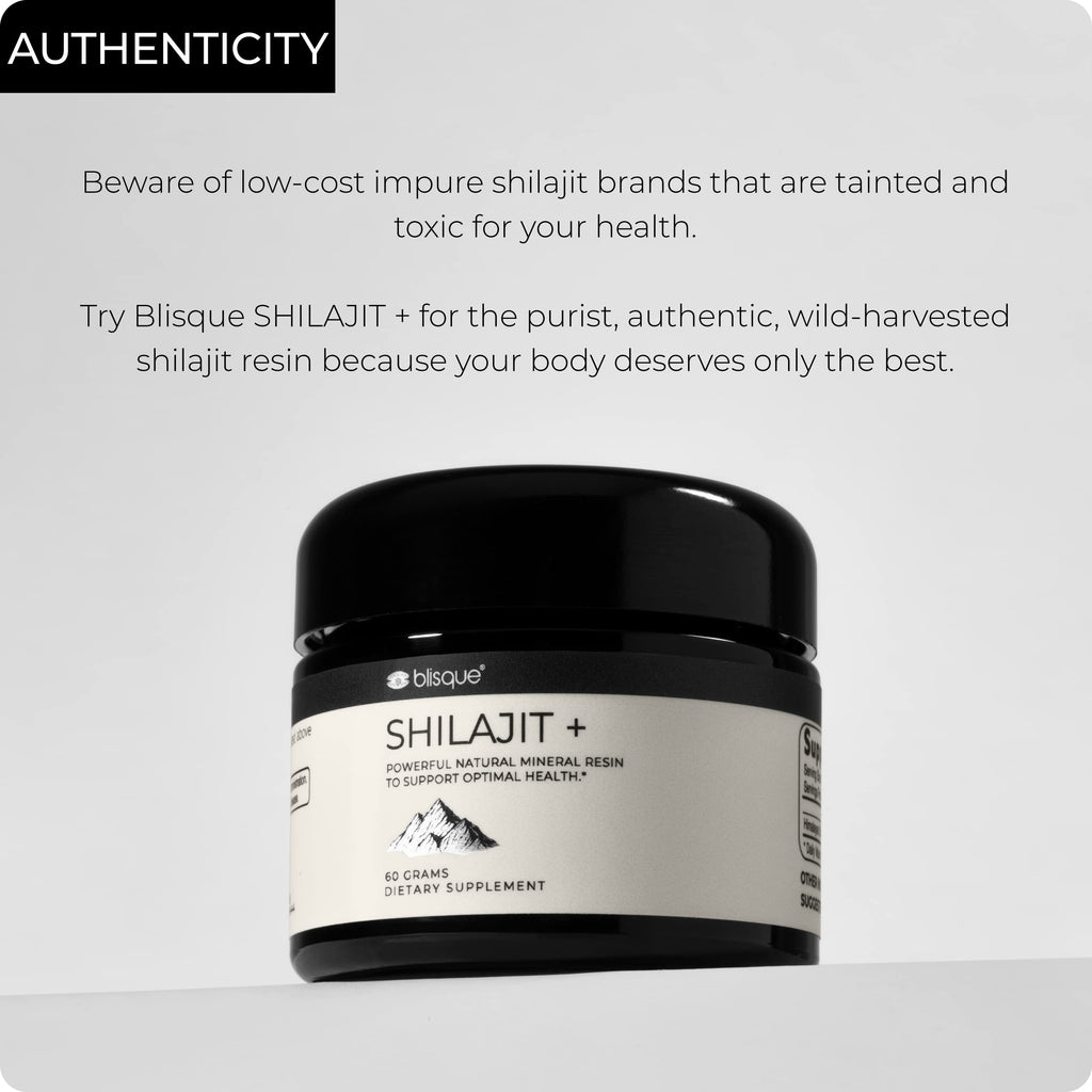 Authentic USA imported Blisque Himalayan Shilajit supplement container showcasing eighty five trace minerals feature.