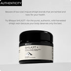 Authentic USA imported Blisque Himalayan Shilajit supplement container showcasing eighty five trace minerals feature.