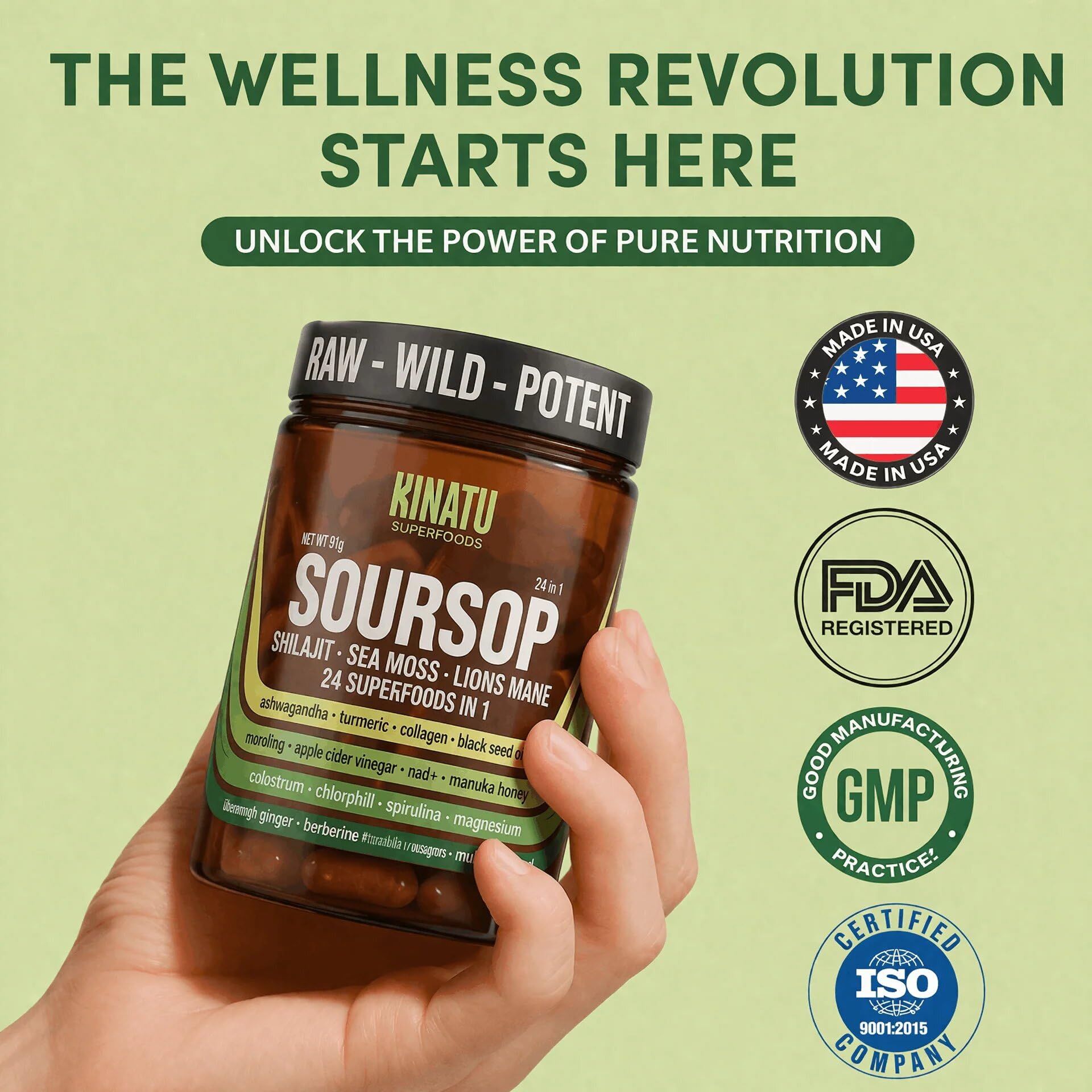 PureLeaf Naturals 24-in-1 herbal supplement packaging listing active ingredients like ashwagandha and lion's mane.