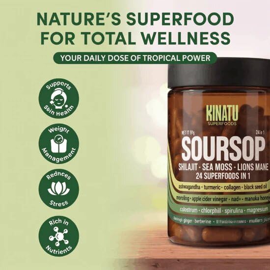 Side view of PureLeaf Naturals Soursop and Shilajit dietary supplement highlighting USA manufacture.