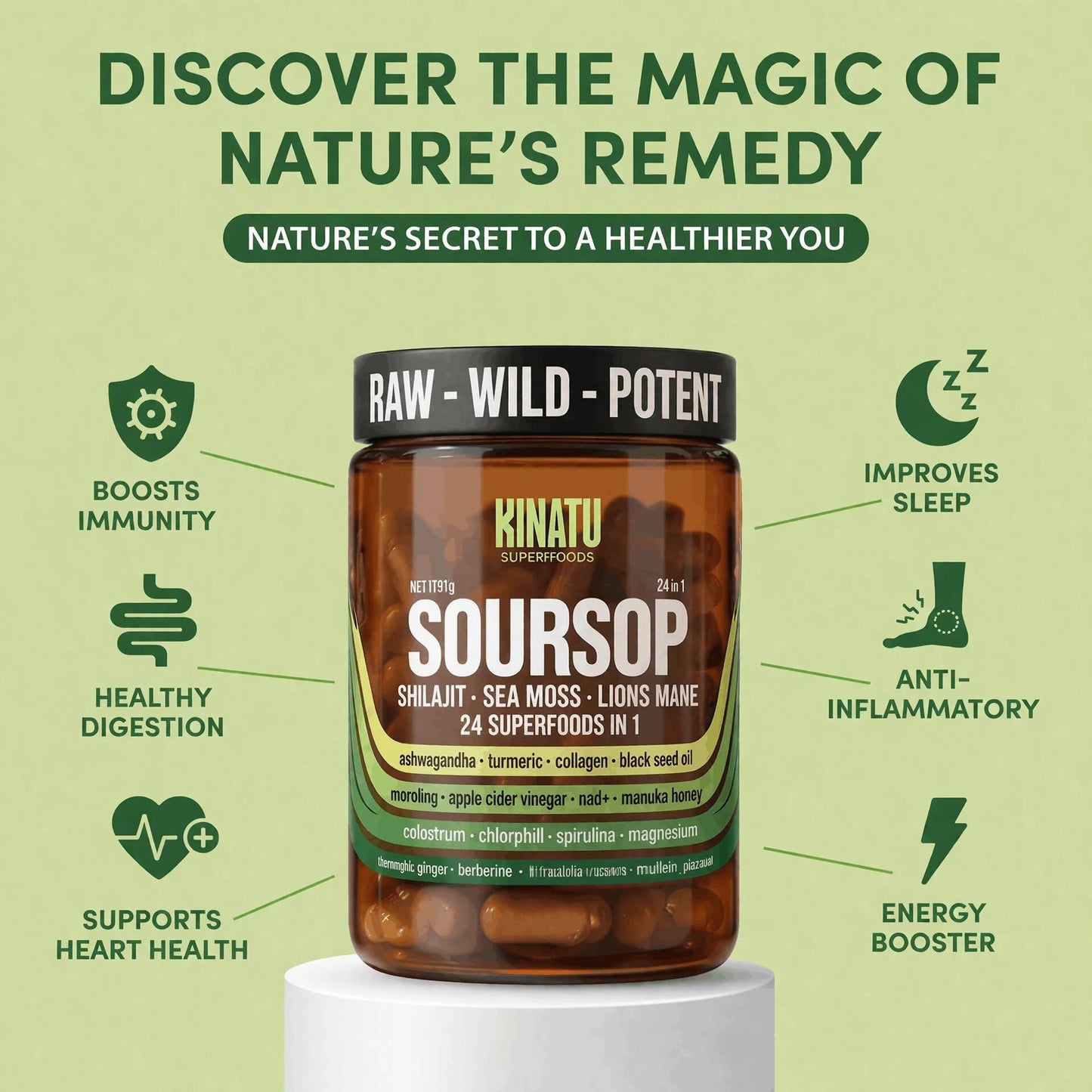 Close-up of the supplement facts and safety disclaimer on the PureLeaf Naturals superfood capsules label.