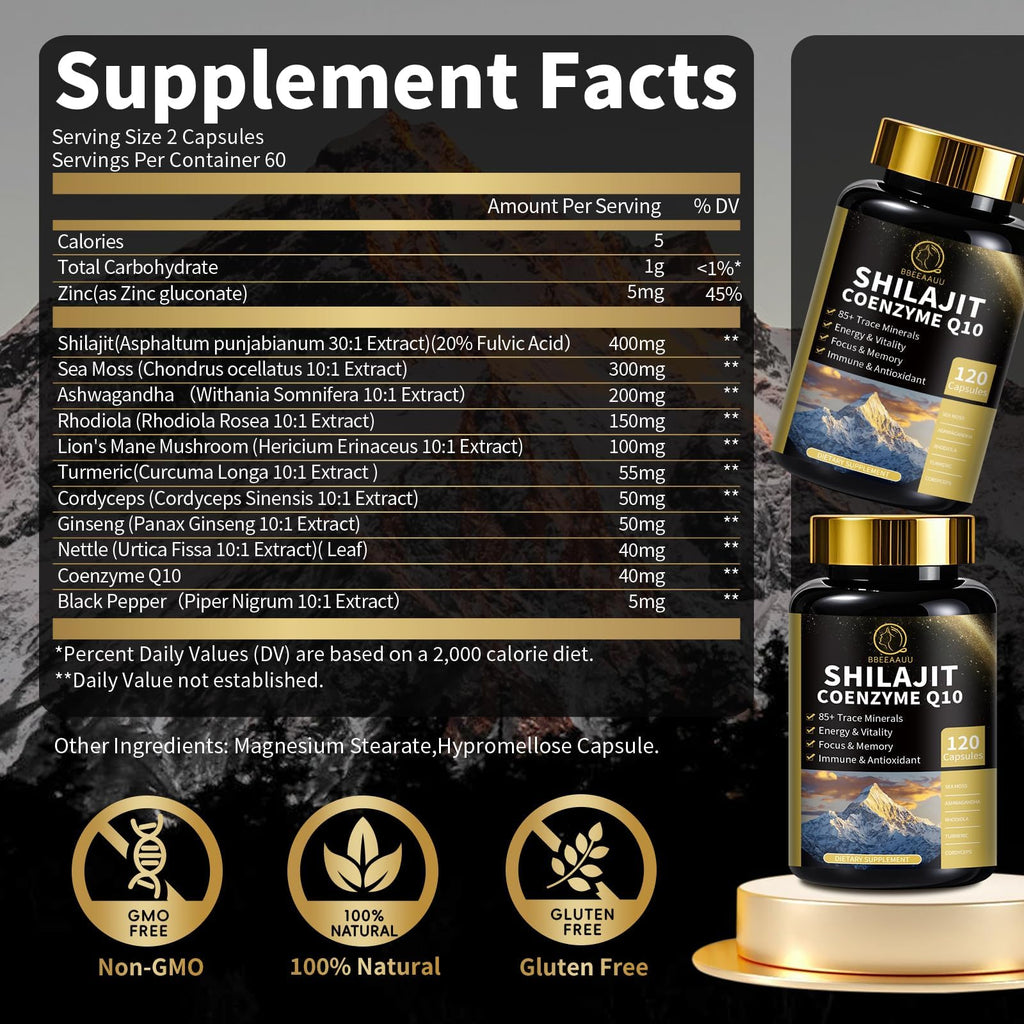 BBEEAAUU 12 in 1 Shilajit supplement bottle displaying key ingredients including Coenzyme Q10 and Lion's Mane
