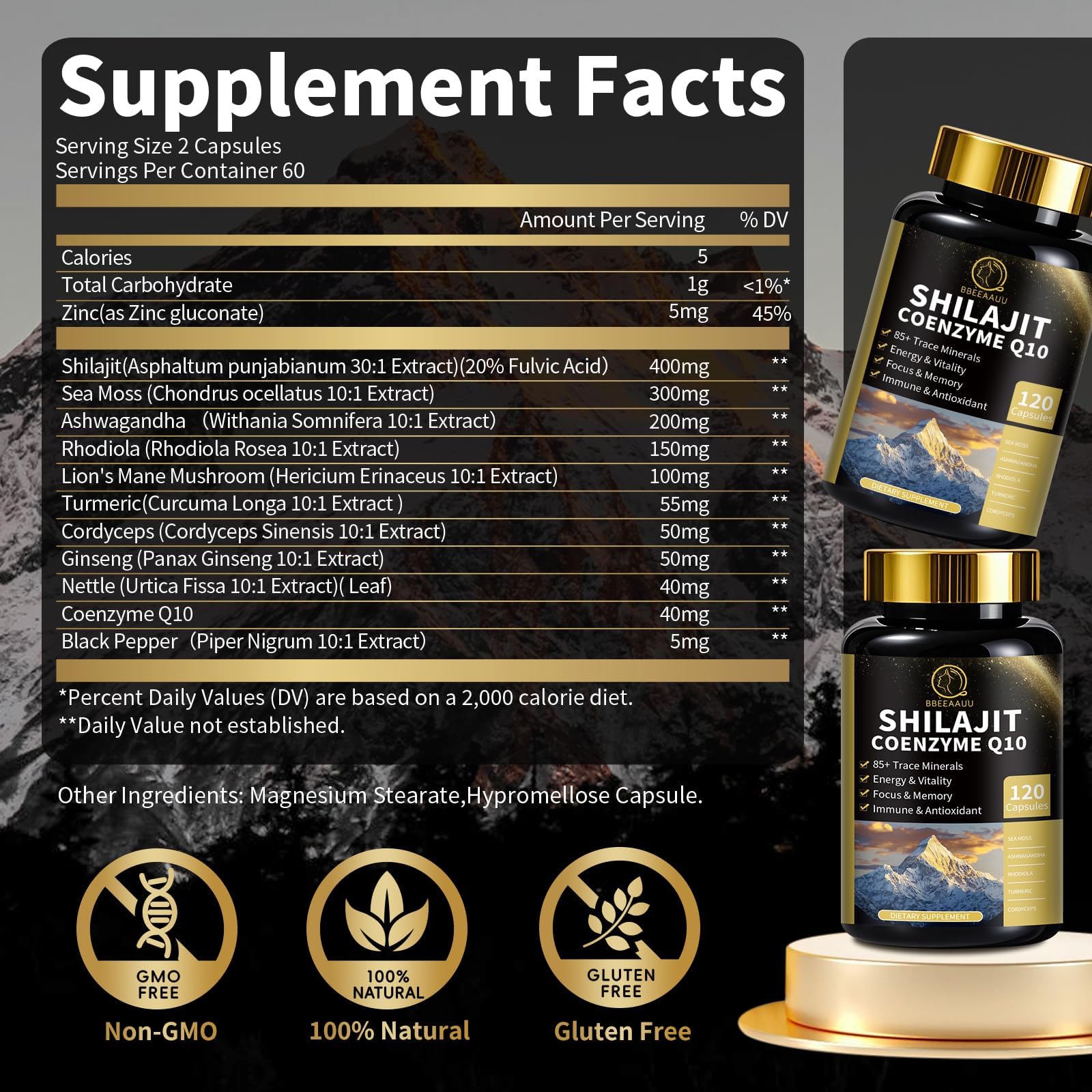 BBEEAAUU 12 in 1 Shilajit supplement bottle displaying key ingredients including Coenzyme Q10 and Lion's Mane