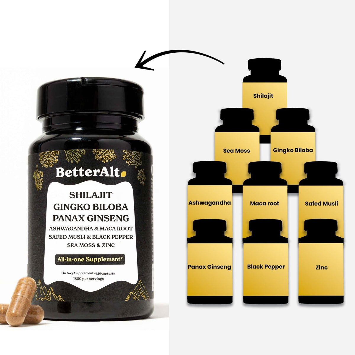 Better Alt shilajit and ashwagandha dietary supplement packaging with black pepper extract info