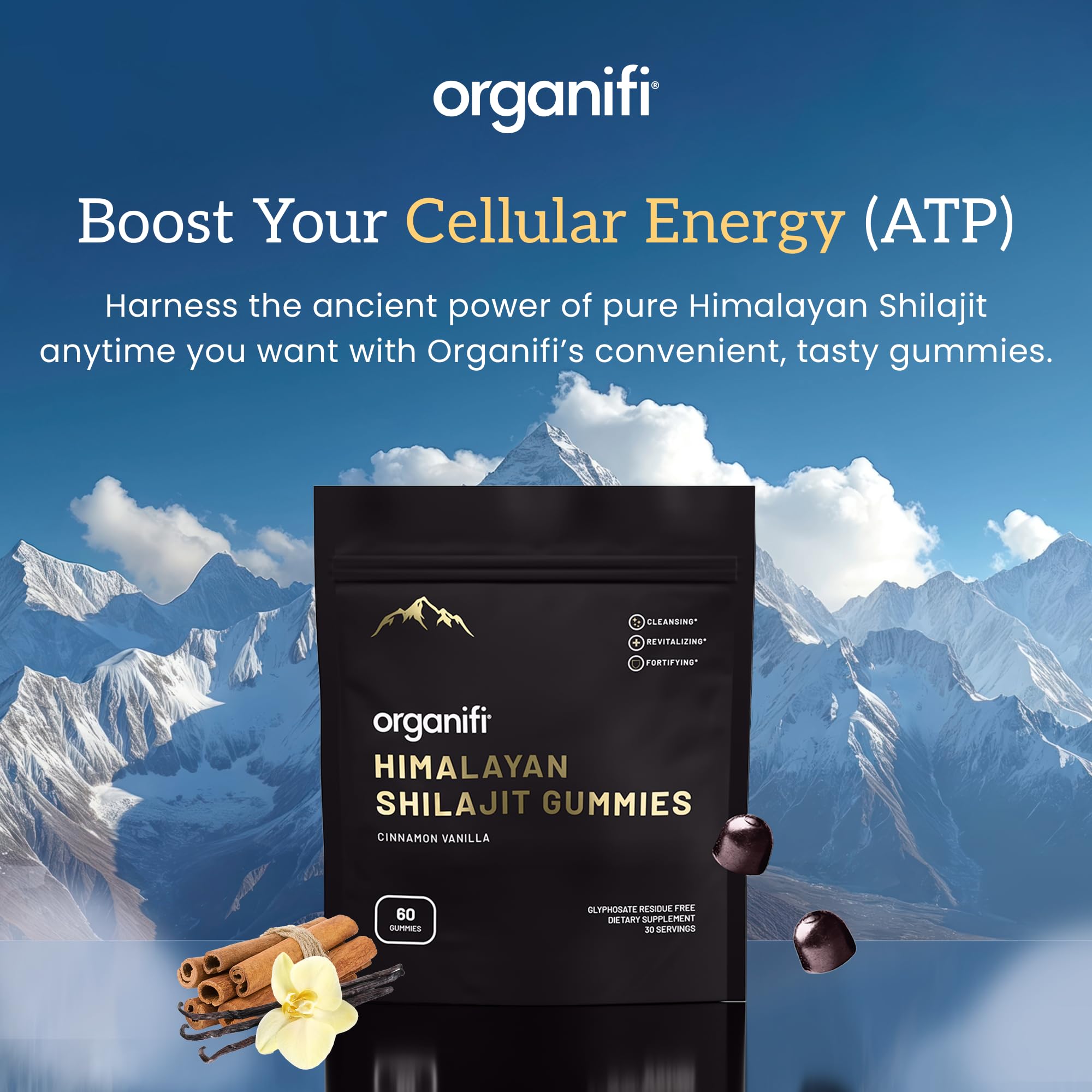 Organifi Himalayan Shilajit supplement bottle with vanilla cinnamon flavor detail