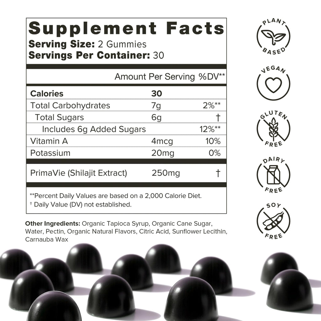Sixty count bottle of Organifi shilajit dietary supplement gummies