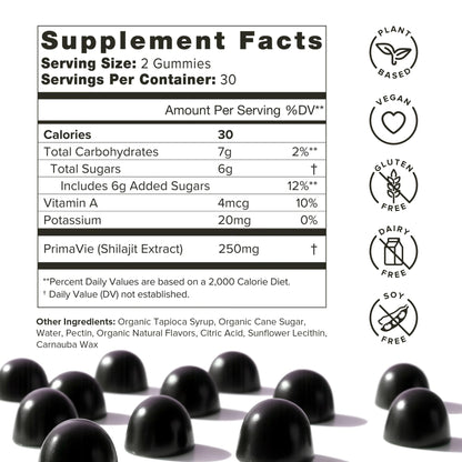 Sixty count bottle of Organifi shilajit dietary supplement gummies