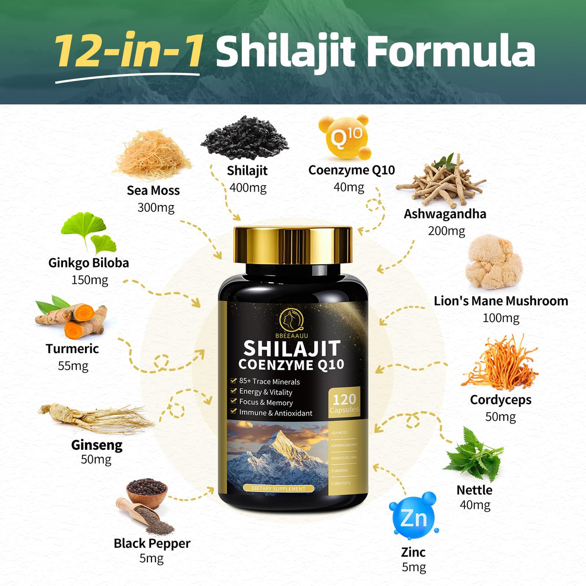 Authentic BBEEAAUU Himalayan shilajit and organic sea moss capsule daily serving breakdown.