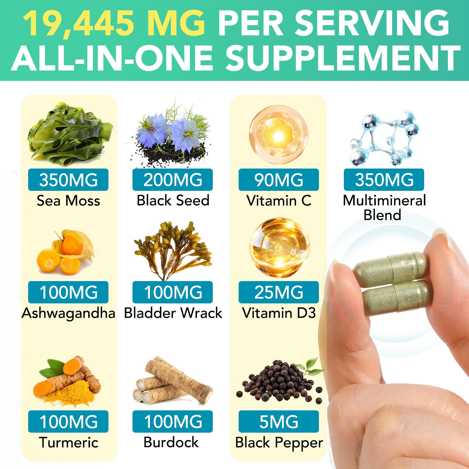 HUYEHF 120 vegan capsules supplement facts label showing full ingredient blend details