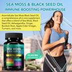 All in one herbal formula showcasing sea moss black seed oil ashwagandha and turmeric advantages