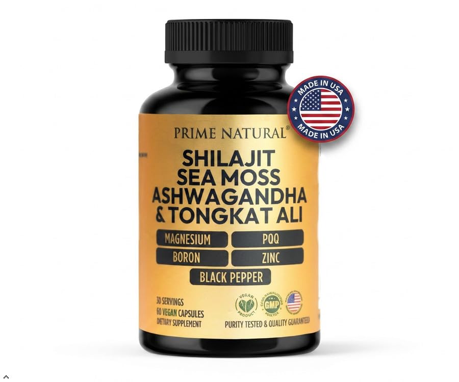 Prime Natural Shilajit Sea Moss Ashwagandha bottle side panel detailing complete supplement facts and mineral content.
