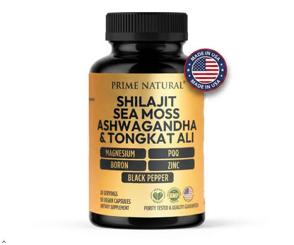 Prime Natural Shilajit Sea Moss Ashwagandha bottle side panel detailing complete supplement facts and mineral content.