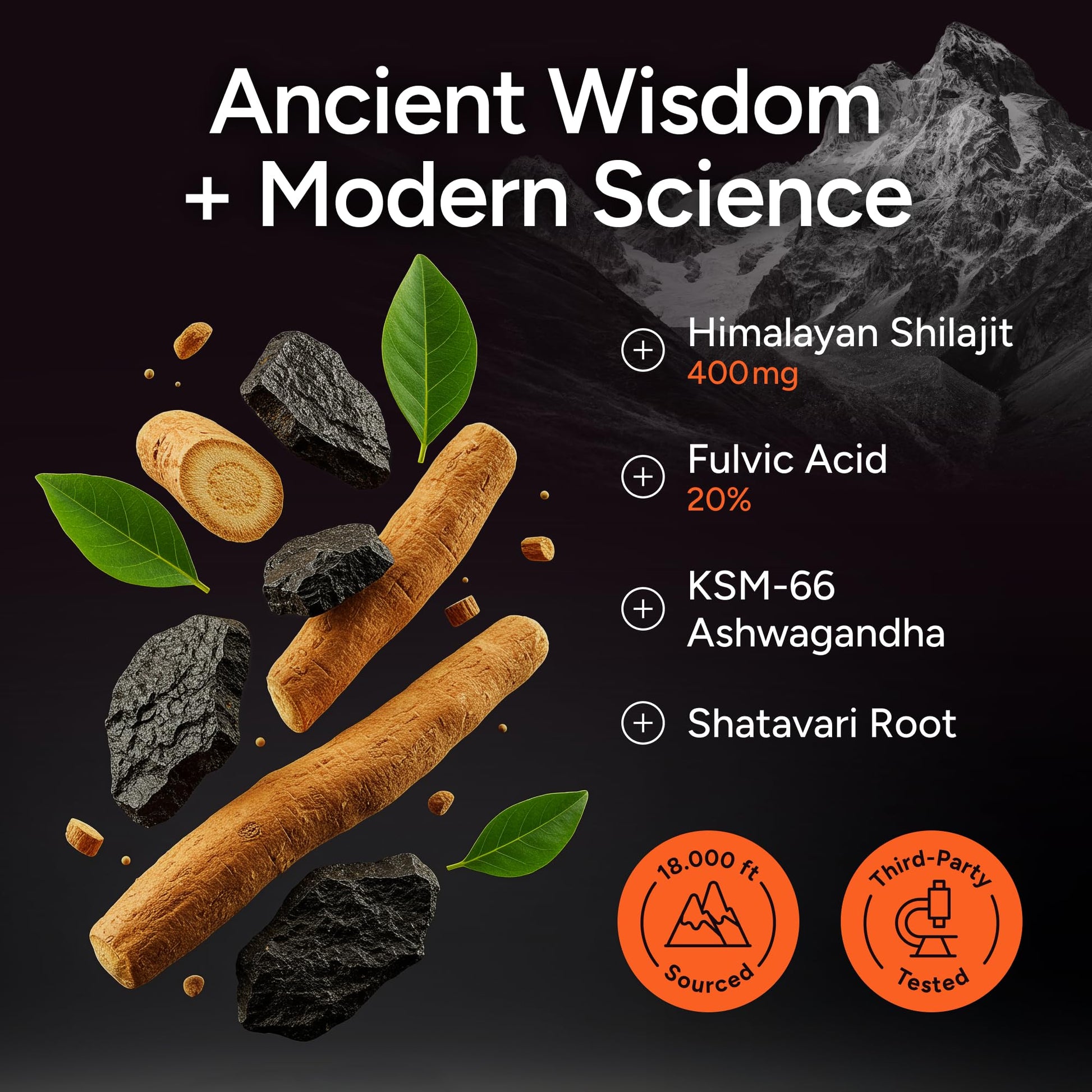 Premium Purify Life shilajit and KSM 66 ashwagandha capsules alternative gummy presentation.
