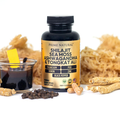 Prime Natural Shilajit and Tongkat Ali daily vitality dietary supplement for enhanced physical performance.