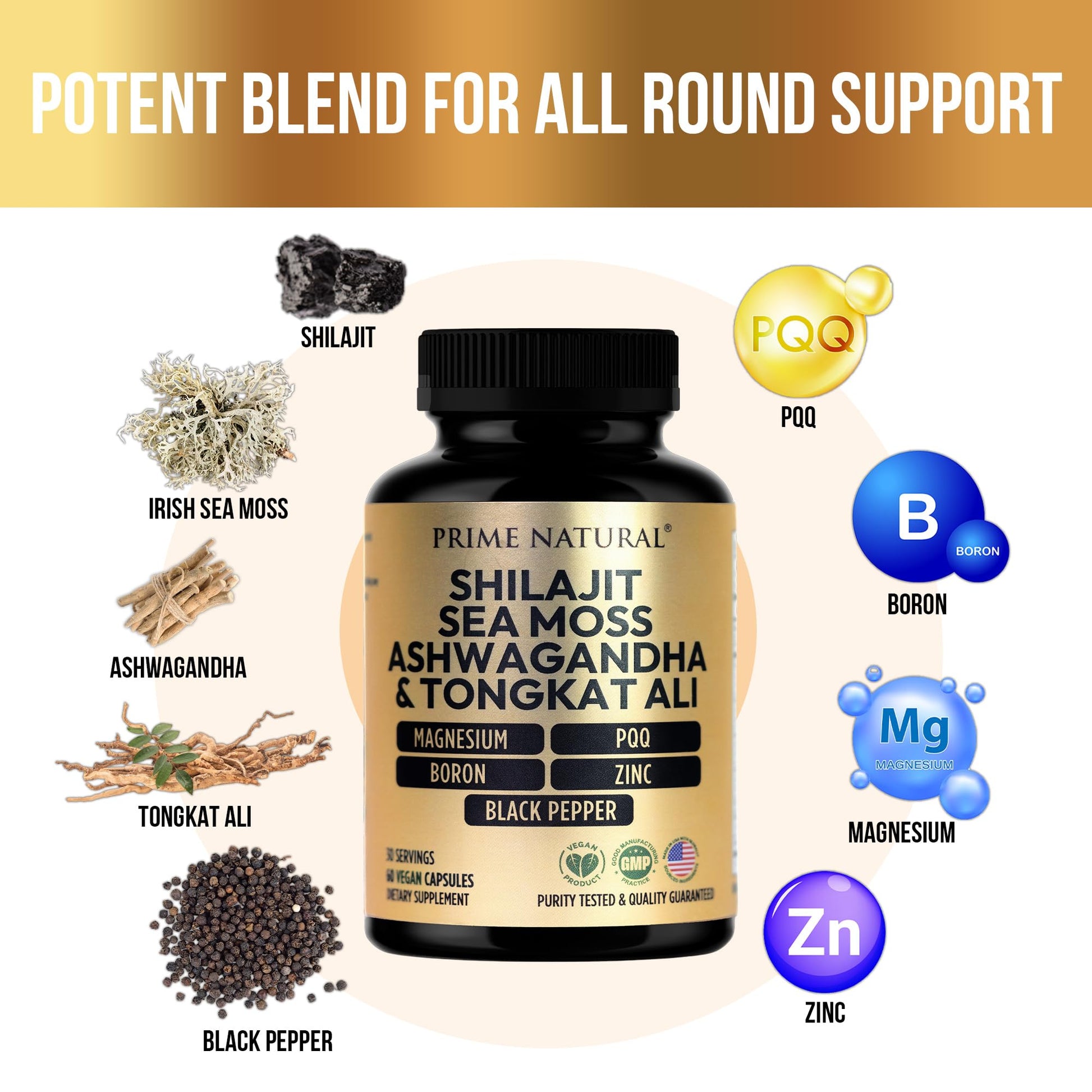 Prime Natural dietary supplement bottle illustrating the combination of eight premium adaptogenic ingredients.