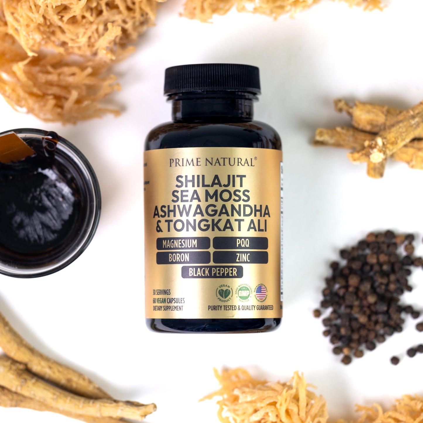 Prime Natural Ashwagandha and Irish Sea Moss formula showcasing the full thirty day supply product presentation.