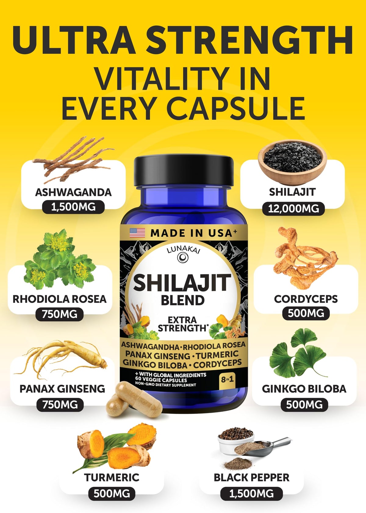 Side view of Lunakai USA made adaptogen capsules bottle highlighting the 8 in 1 formula