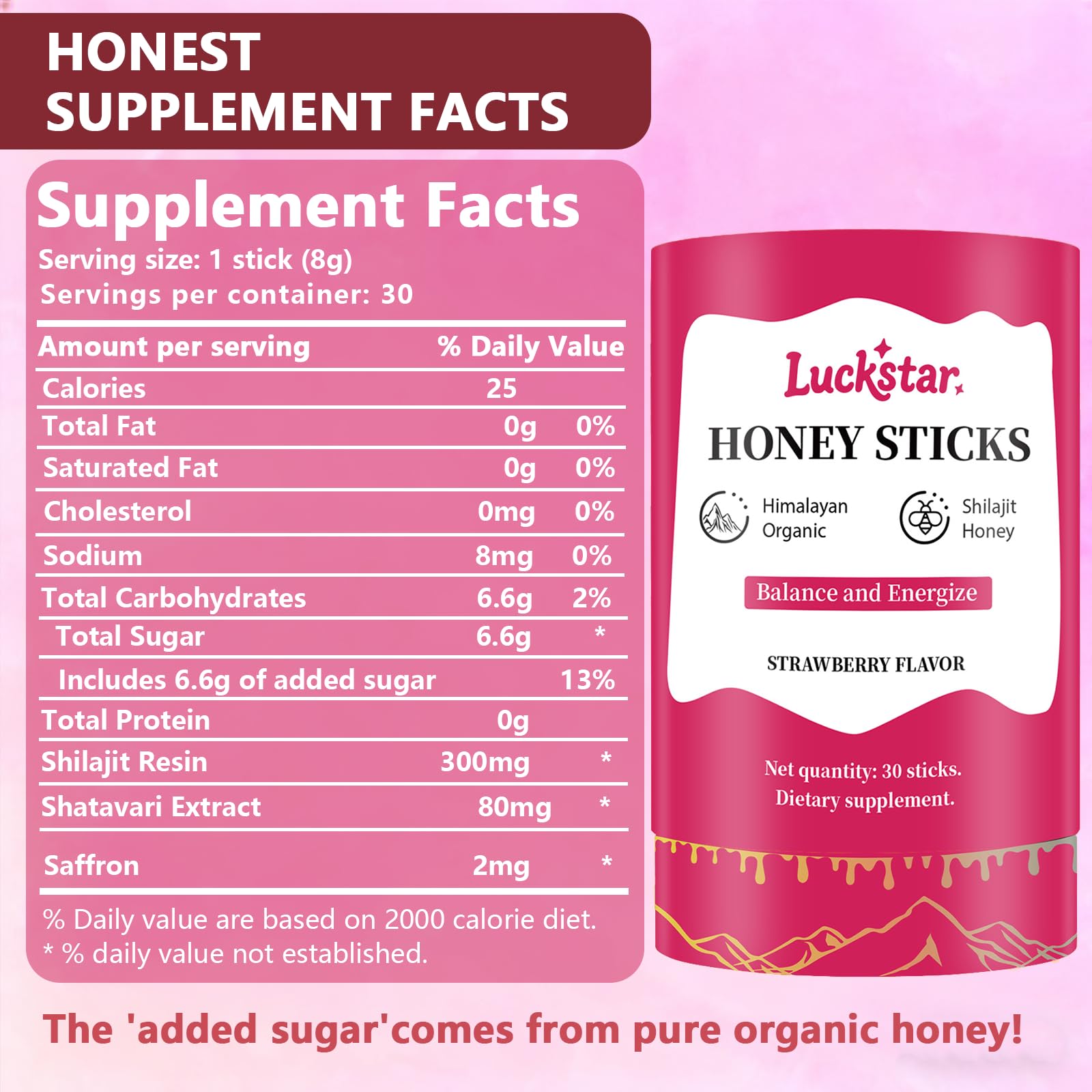 Side view of organic shilajit honey packets showcasing nutrition facts and ingredients list
