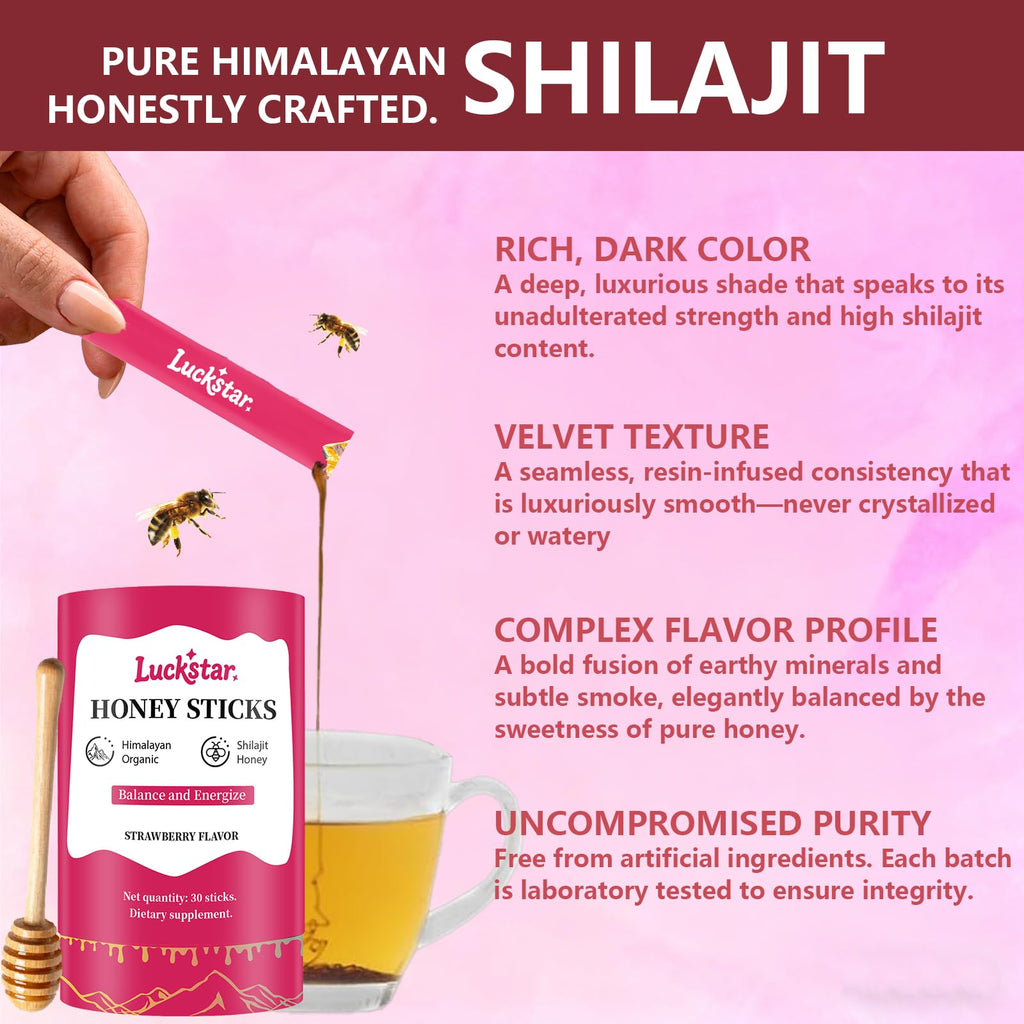 Individual premium shilajit resin honey stick being poured into a warm wellness drink