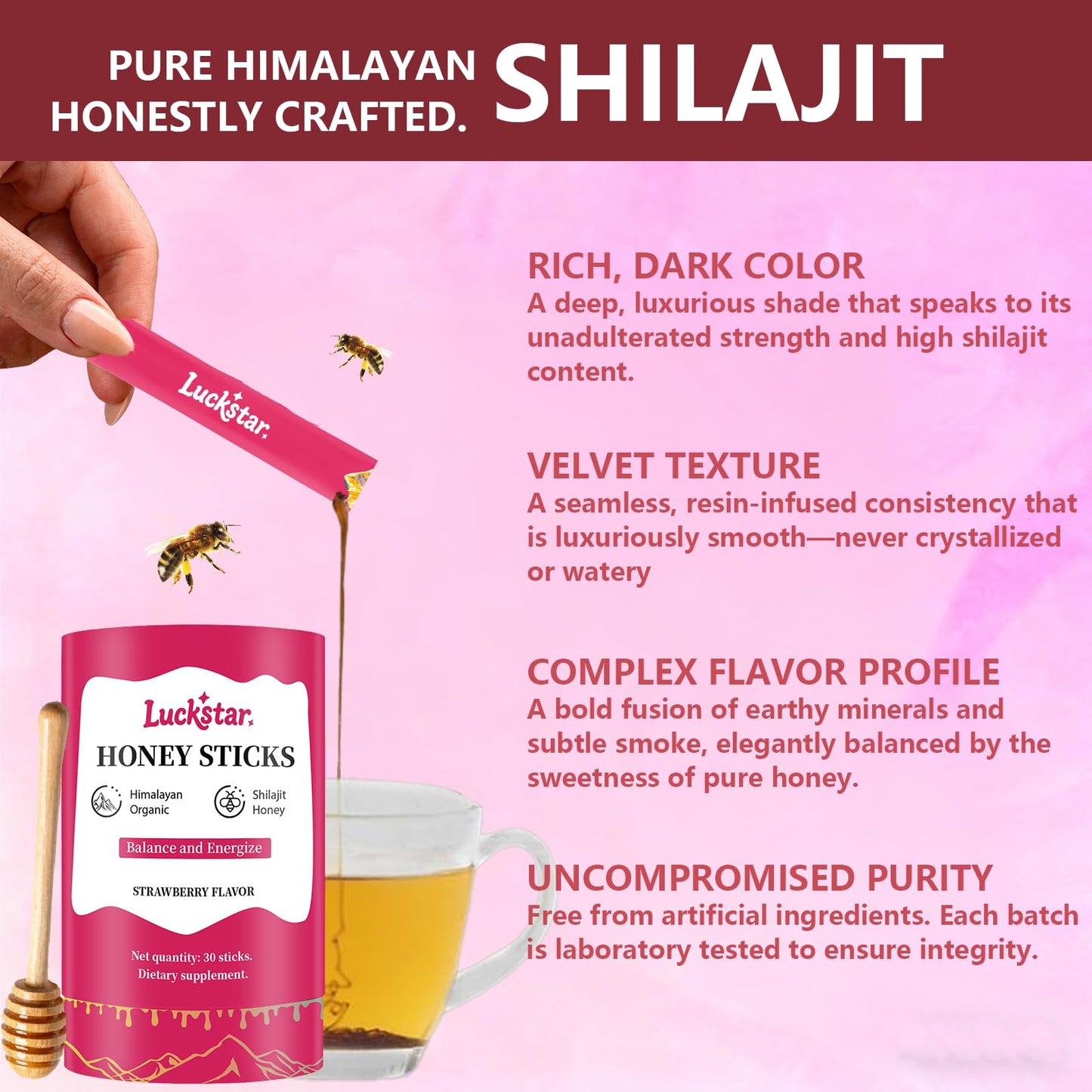 Individual premium shilajit resin honey stick being poured into a warm wellness drink