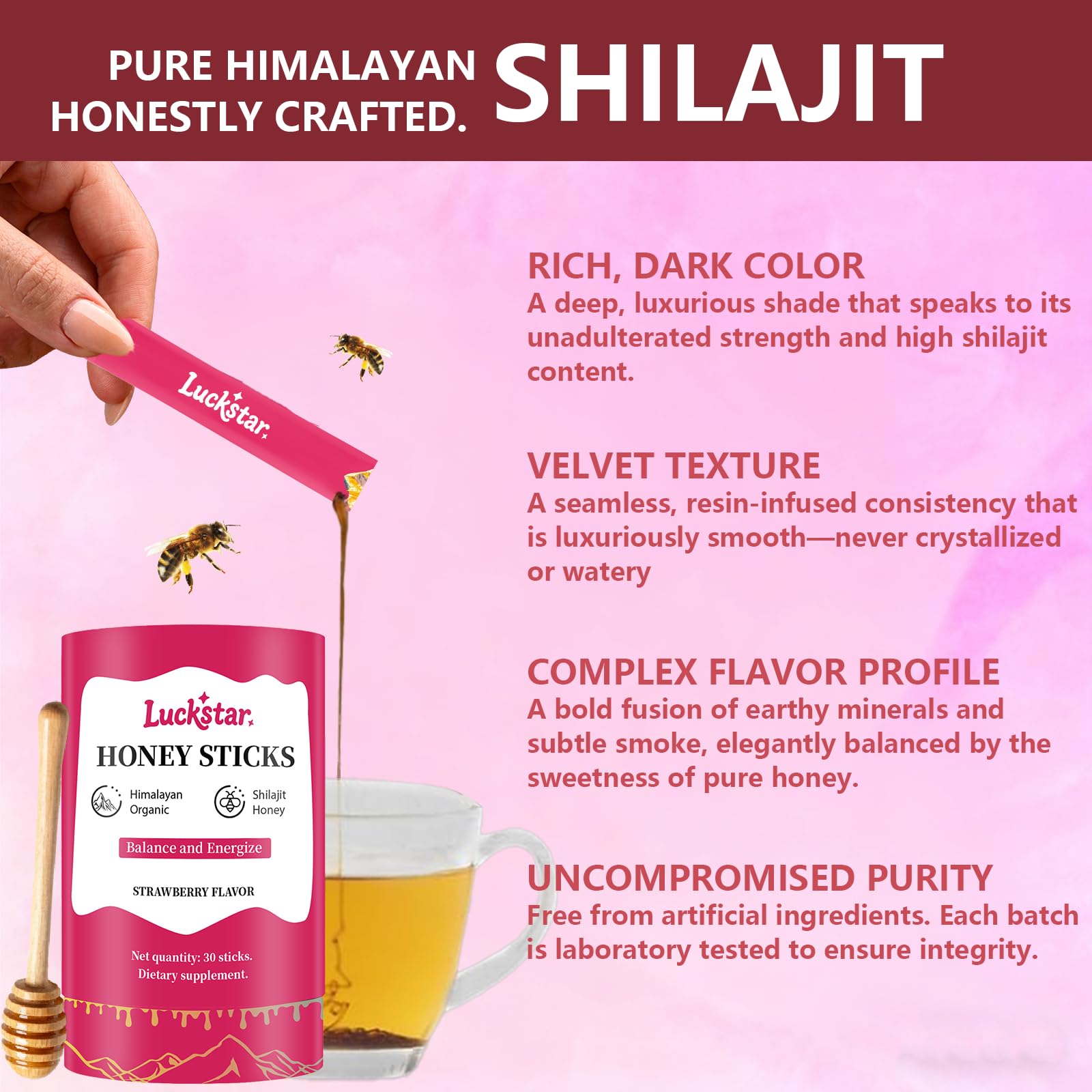 Individual premium shilajit resin honey stick being poured into a warm wellness drink
