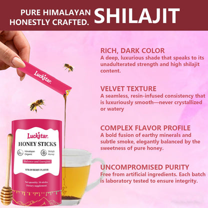 Individual premium shilajit resin honey stick being poured into a warm wellness drink