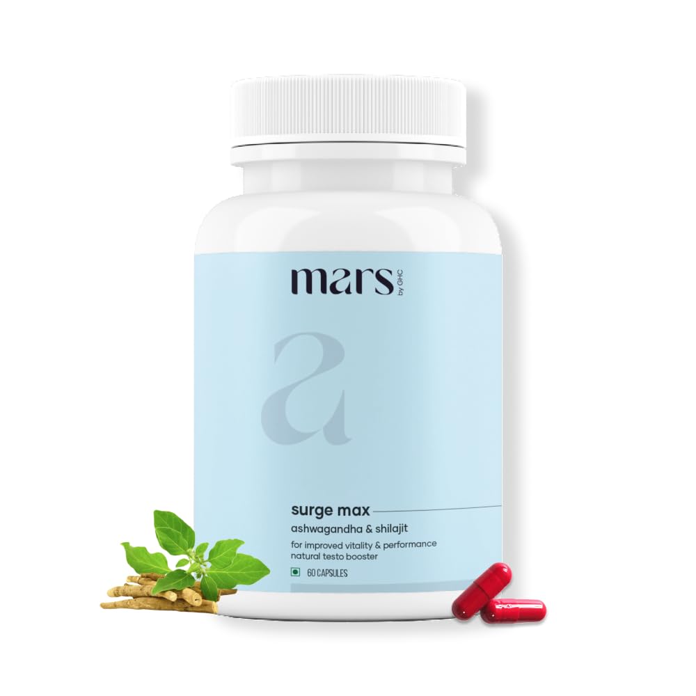 Mars By GHC Surge Max capsules packaging highlighting Ashwagandha and Shilajit ingredients for stamina