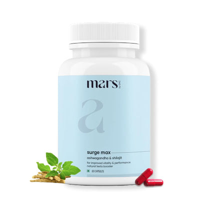 Mars By GHC Surge Max capsules packaging highlighting Ashwagandha and Shilajit ingredients for stamina