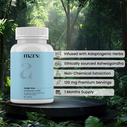 Side view of Mars Surgemax Ayurvedic supplement bottle showcasing the active herbal blend ingredients