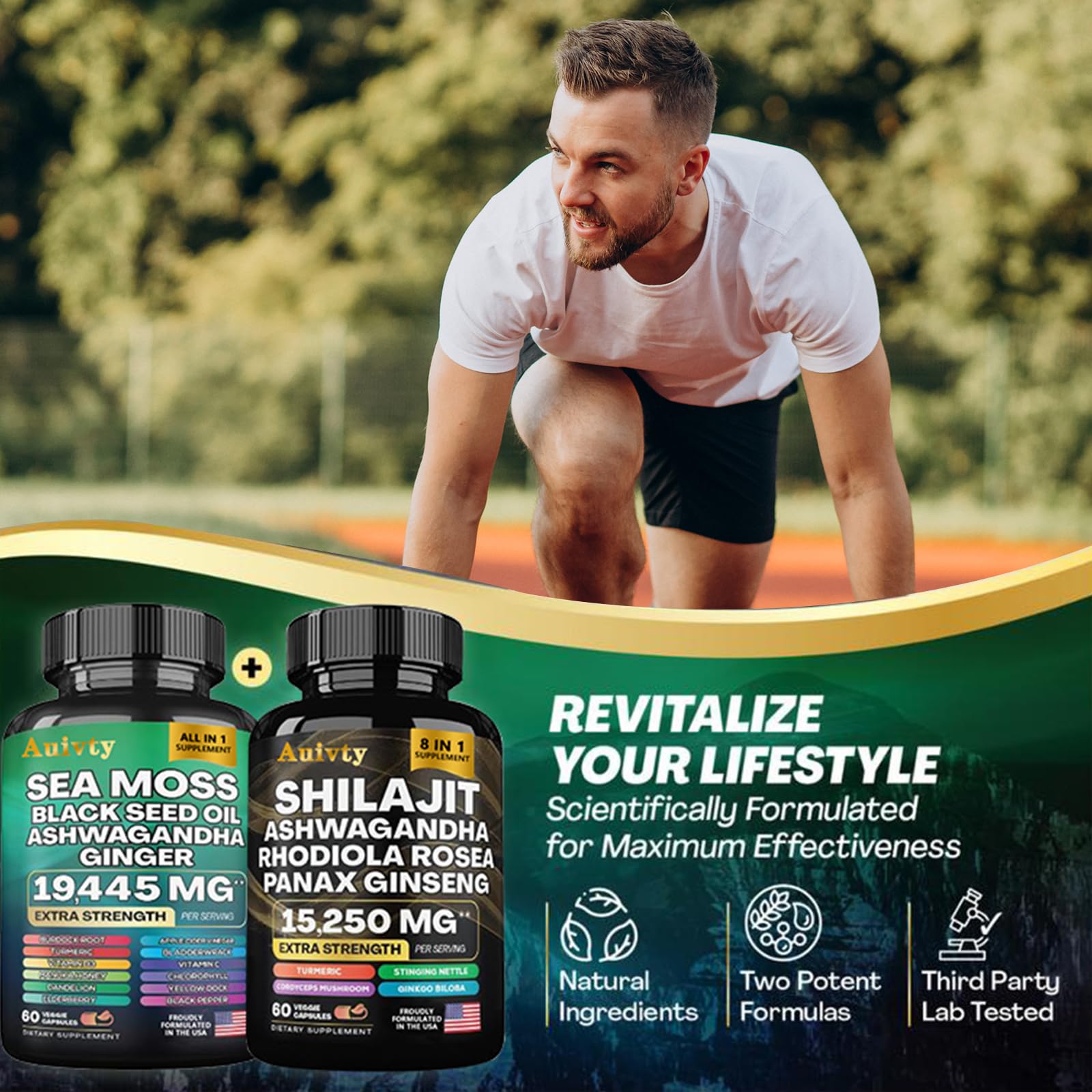 Auivty herbal wellness supplement premium dietary capsules side view showing ingredient facts