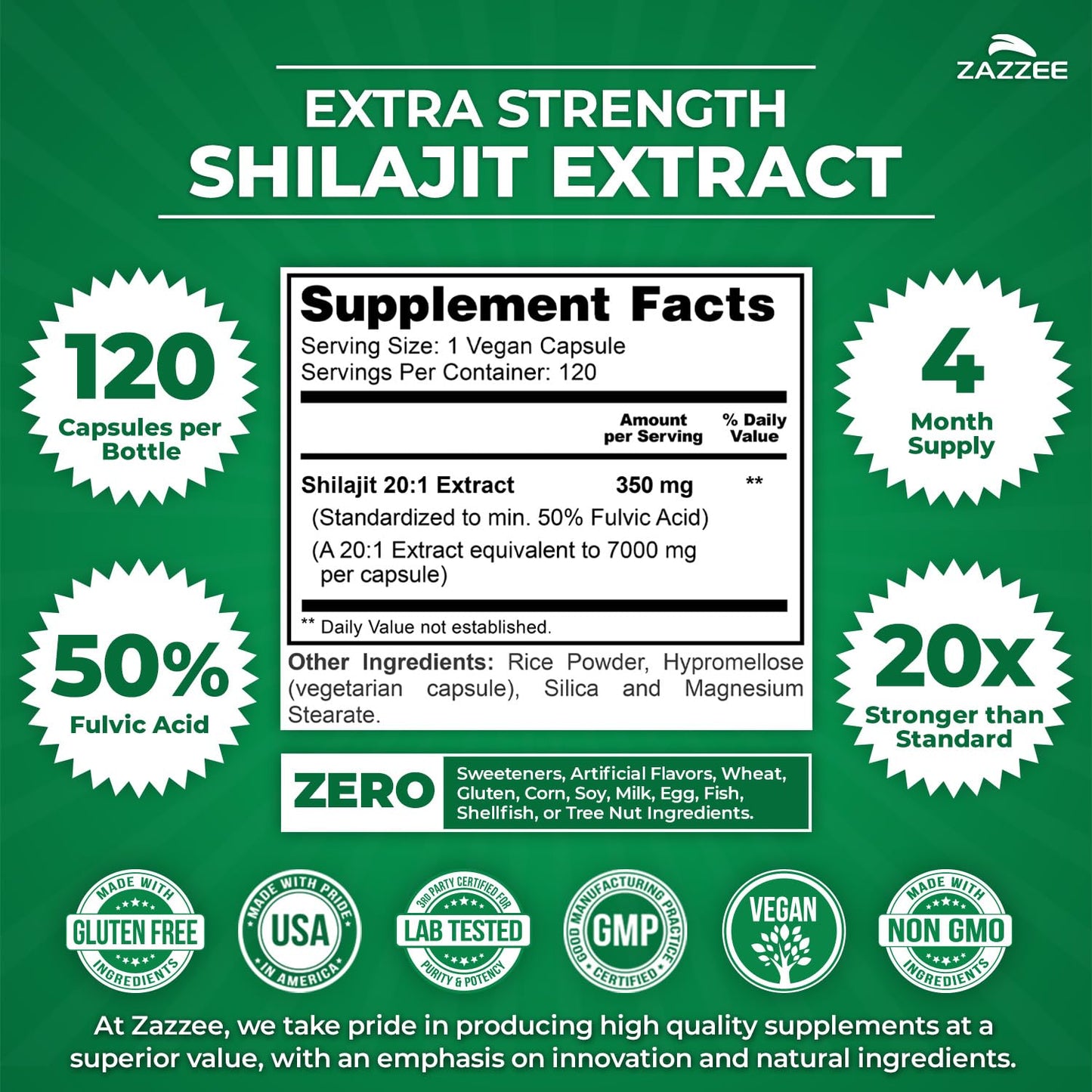 Zazzee extra strength shilajit twenty to one extract capsule bottle showing supplement facts and ingredients